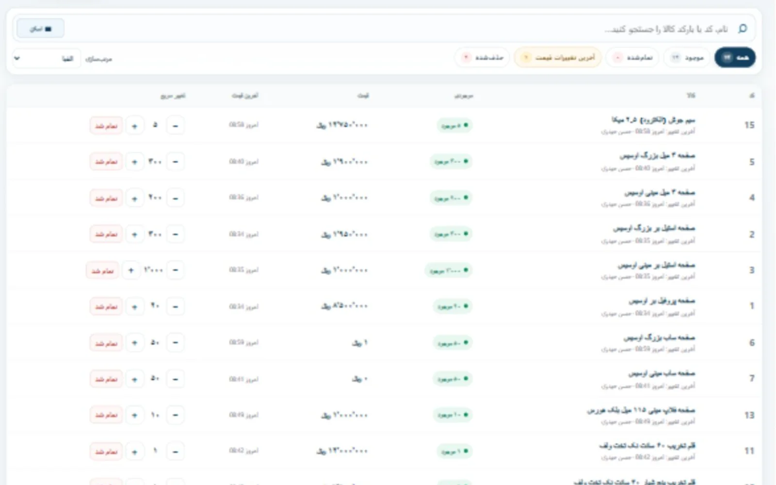 B.U.T inventory interface with search, status filters and populated product rows.