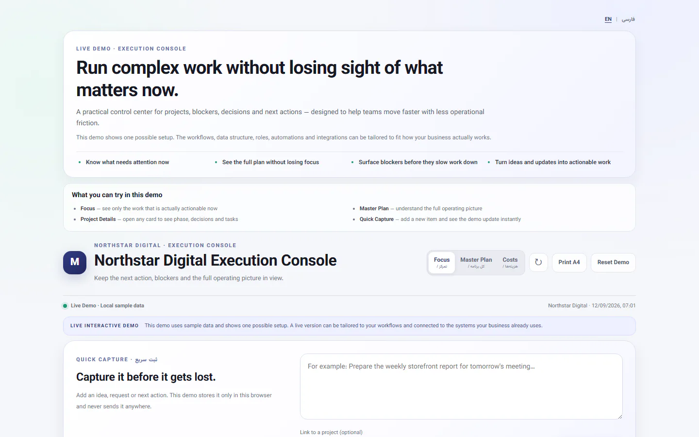 Live execution console showing project focus, blockers, decisions and next actions.