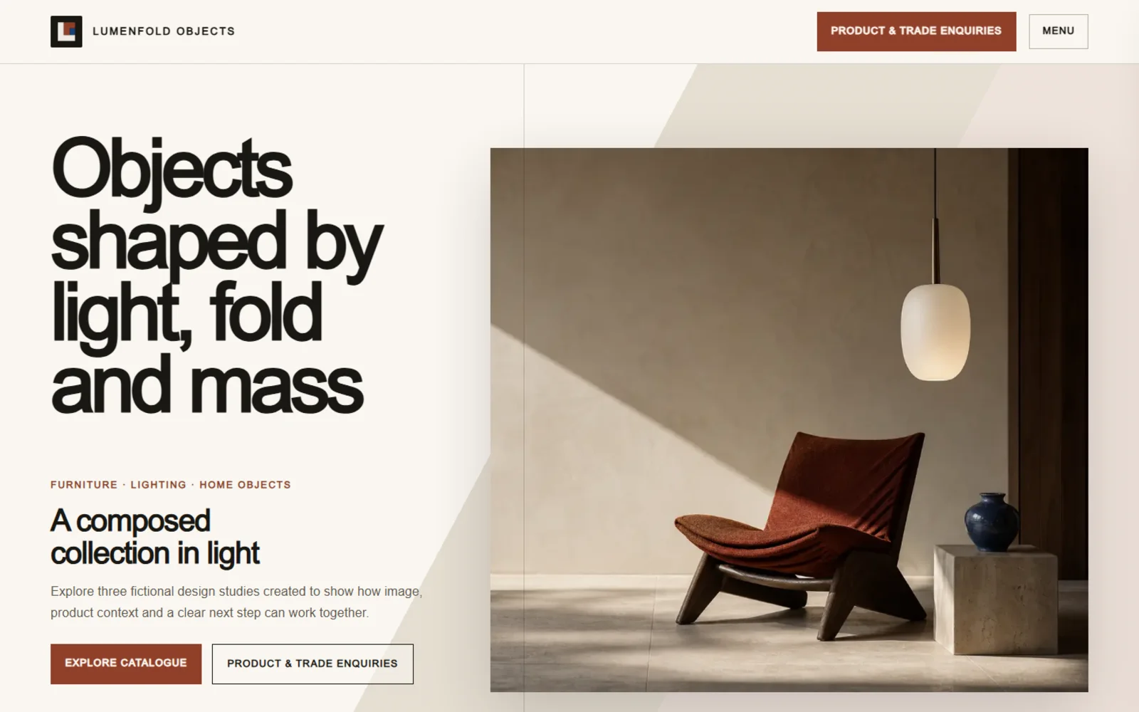 Lumenfold Objects home page with a large furniture image, catalogue headline and enquiry paths.